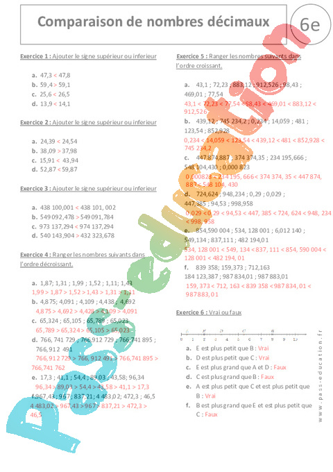 Comparaison De Nombres D Cimaux Exercices Corrig S Eme Primaire