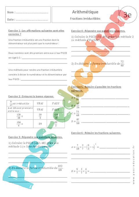 Fractions Irréductibles Exercices Corrigés Arithmétique 3eme