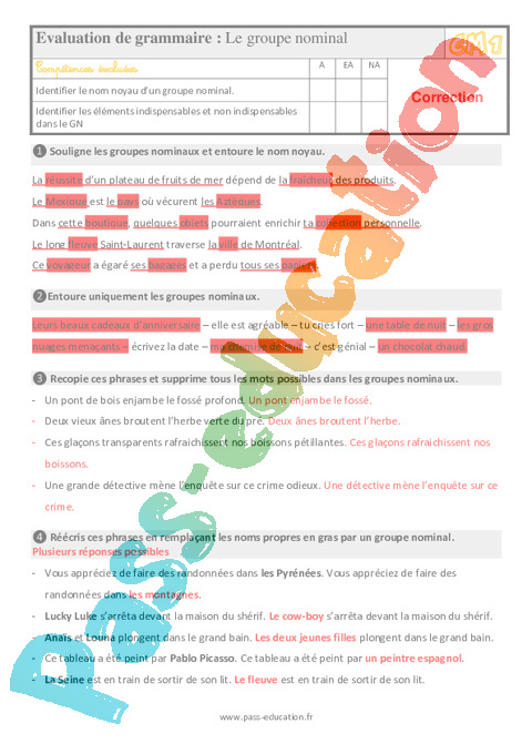 Évaluation Bilan Sur Le Groupe Nominal Au Avec La Correction 4eme Primaire Pass Education 8423