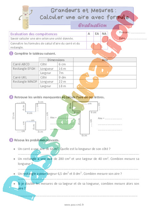 Calculer Une Aire Avec Formule Valuation De Grandeurs Et Mesures