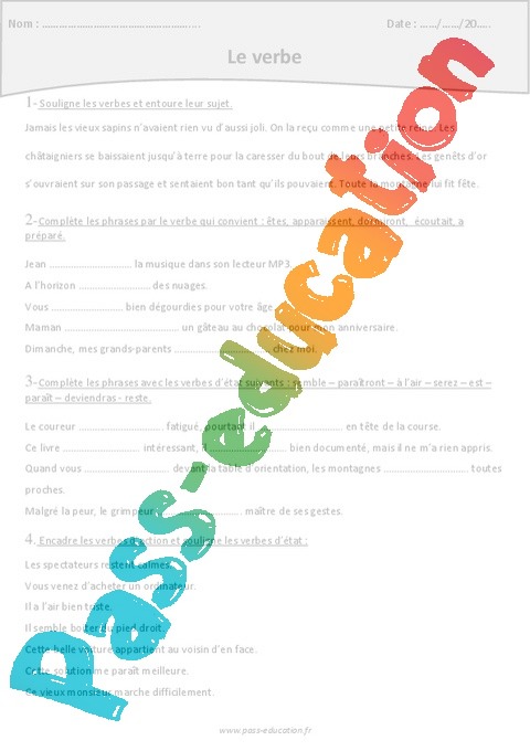 Verbe - Exercices : 4eme Primaire - PDF à imprimer