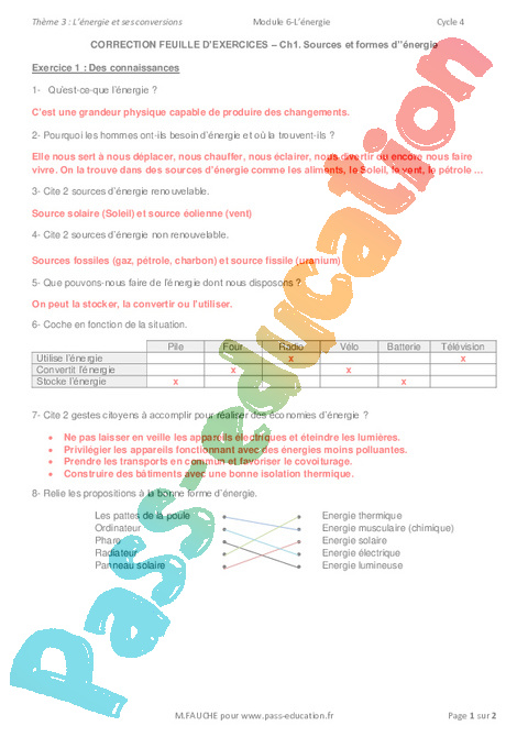 Les Sources Et Les Formes D'énergies - Exercices Avec Les Corrections ...