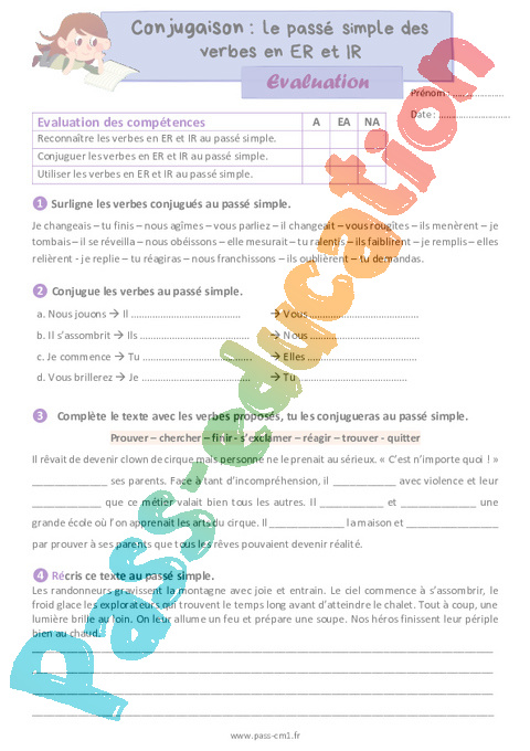 Le passé simple des verbes en ER et IR - Évaluation de conjugaison ...