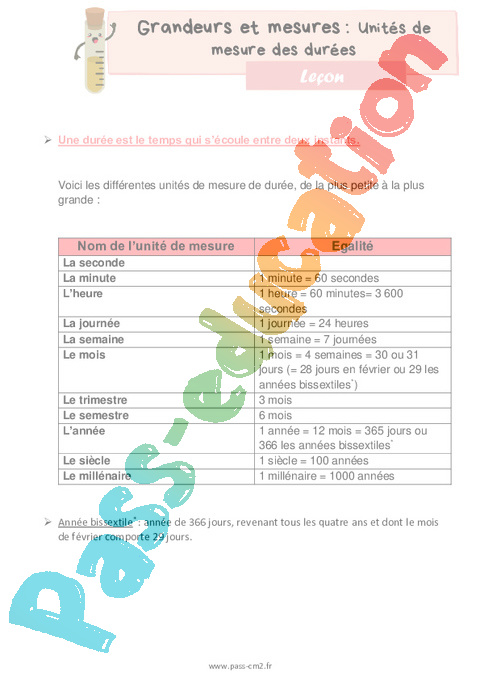Unit s De Mesure Des Dur es Cours Le on De Grandeurs Et Mesures 