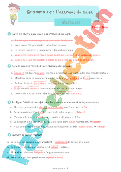 L’attribut du sujet - Exercices de grammaire : 4eme Primaire - PDF à ...