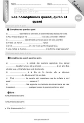 Les homophones quand, quant ou qu'en - Examen Evaluation - Bilan : 5eme Primaire - PDF à imprimer