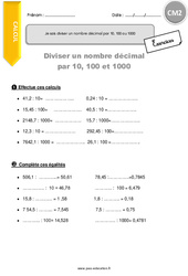 Comment diviser un nombre décimal par 10, 100 ou 1000 - Exercices avec correction : 5eme Primaire - PDF à imprimer