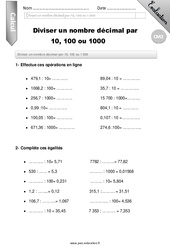 Diviser un nombre décimal par 10, 100 ou 1000 - Examen Evaluation - Bilan : 5eme Primaire - PDF à imprimer