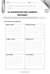 La soustraction des nombres décimaux - Examen Evaluation - Bilan : 5eme Primaire - PDF à imprimer