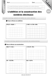Addition des nombres décimaux - Examen Evaluation - Bilan : 5eme Primaire - PDF à imprimer