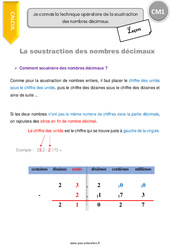Technique opératoire de la soustraction des nombres décimaux - Cours, Leçon : 4eme Primaire - PDF gratuit à imprimer