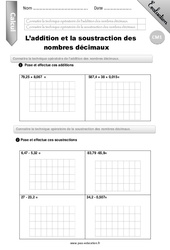Addition et soustraction des nombres décimaux - Examen Evaluation - Bilan : 4eme Primaire - PDF à imprimer