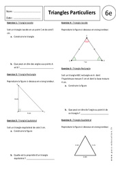 Triangles particuliers - Exercices corrigés - Triangle Isocèle - Triangle Rectangle - Triangle Equilatéral : 6eme Primaire