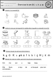Exercices - Son k - Fiches c, k, q, qu - Etude des sons : 1ere Primaire - PDF à imprimer