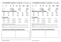 Son k - Fiches c, k, q, qu - Phonologie - Etude des sons : 1ere Primaire - PDF à imprimer