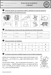 Exercices - Alphabet - Vocabulaire : 1ere Primaire - PDF à imprimer