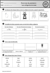 Exercices - Catégories de noms - Vocabulaire : 1ere Primaire - PDF à imprimer