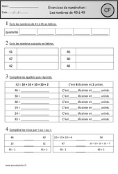 Exercices - Nombres de 40 à 49 : 1ere Primaire - PDF à imprimer