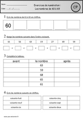 Exercices - Nombres de 60 à 69 : 1ere Primaire - PDF à imprimer