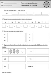 Exercices - Nombres de 70 à 79 : 1ere Primaire - PDF à imprimer