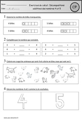 Exercices - Décompositions additives des nombres 4 et 5 : 1ere Primaire - PDF à imprimer