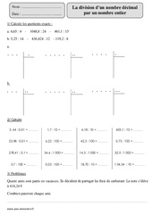 Division d'un décimal par un entier - Exercices  : 5eme Primaire - PDF à imprimer