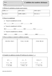 Addition des nombres décimaux - Révisions  : 5eme Primaire - PDF à imprimer