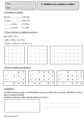 Addition des nombres entiers - Exercices avec correction : 5eme Primaire - PDF à imprimer