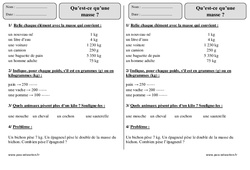 Masse g, kg - Exercices  : 2eme Primaire - PDF à imprimer