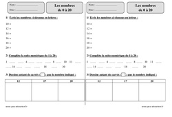 Nombres  de 0 à 20 - Exercices  : 2eme Primaire - PDF à imprimer