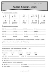 Nombres entiers - Addition - Exercices  : 4eme Primaire - PDF à imprimer