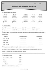 Addition des nombres décimaux - Exercices à imprimer : 4eme Primaire