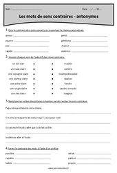 Mots de sens contraires - Antonymes - Exercices  : 4eme Primaire - PDF à imprimer