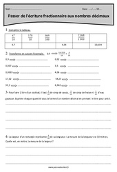 Ecriture fractionnaire - Nombres décimaux - Exercices à imprimer : 5eme Primaire