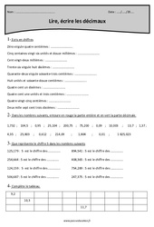 Lire, écrire les décimaux - Exercices avec correction : 5eme Primaire - PDF à imprimer