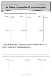Division d’un nombre décimal par un entier - Exercices  : 5eme Primaire - PDF à imprimer
