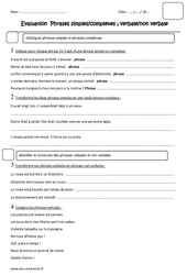 Phrase simple - complexe, verbale et non verbale - Examen Evaluation : 5eme Primaire - PDF à imprimer