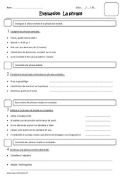 Phrase - Examen Evaluation - Phrase verbale, nominale, simple et complexe : 4eme Primaire - PDF à imprimer
