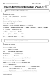 a, à, on, ont - Homophones grammaticaux - Examen Evaluation : 4eme Primaire - PDF à imprimer