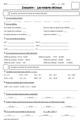 Nombres décimaux - Examen Evaluation : 4eme Primaire - PDF à imprimer