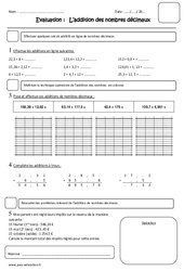 Addition des nombres décimaux - Examen Evaluation : 4eme Primaire - PDF à imprimer