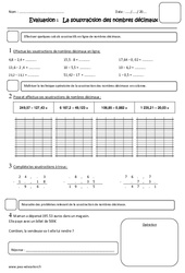 Soustraction des nombres décimaux - Examen Evaluation : Primaire - Cycle Fondamental - PDF à imprimer