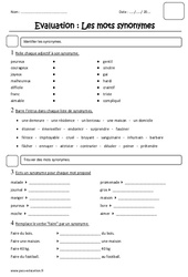 Synonymes - Examen Evaluation : 3eme Primaire - PDF à imprimer