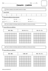 Addition - Examen Evaluation : 3eme Primaire - PDF à imprimer