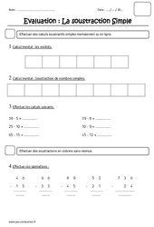 Soustraction simple - Examen Evaluation : 2eme Primaire - PDF à imprimer