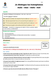 Comment distinguer les homophones mais - mes - mets - met - Séquence - Fiche de préparation : 4eme Primaire - PDF à imprimer