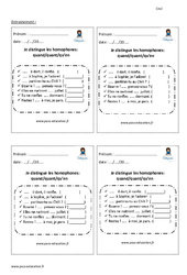 Comment distinguer les homophones quand / quant / qu’en - Entrainement - Examen Evaluation - bilan avec correction : 5eme Primaire - PDF à imprimer