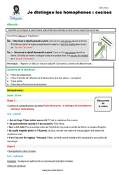 Séquence - Fiche de préparation Comment distinguer les homophones - Fiches ces/ses - Séquence - Fiche de préparation : 3eme, 4eme Primaire - PDF à imprimer