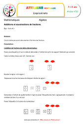 Additions et soustractions de fractions - Algèbre - Montessori - Atelier 10 : 3eme, 4eme, 5eme Primaire - PDF à imprimer