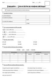 Lire et écrire les nombres décimaux - Examen Evaluation : 5eme Primaire - PDF à imprimer